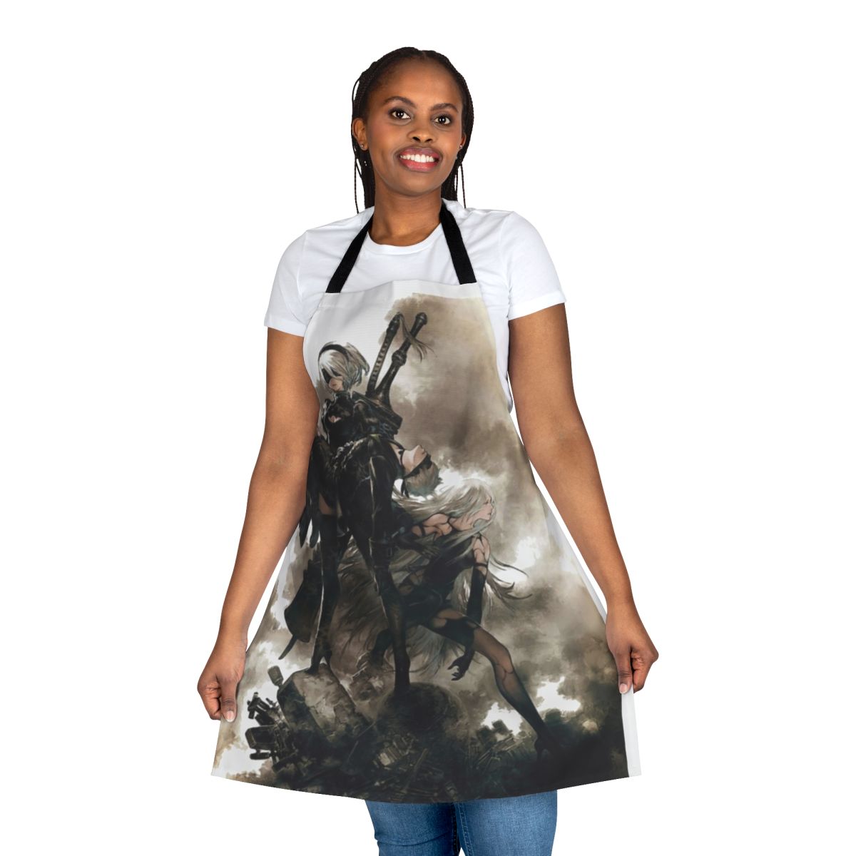 A high-quality apron featuring the iconic character 2B from the popular video game Nier Automata.