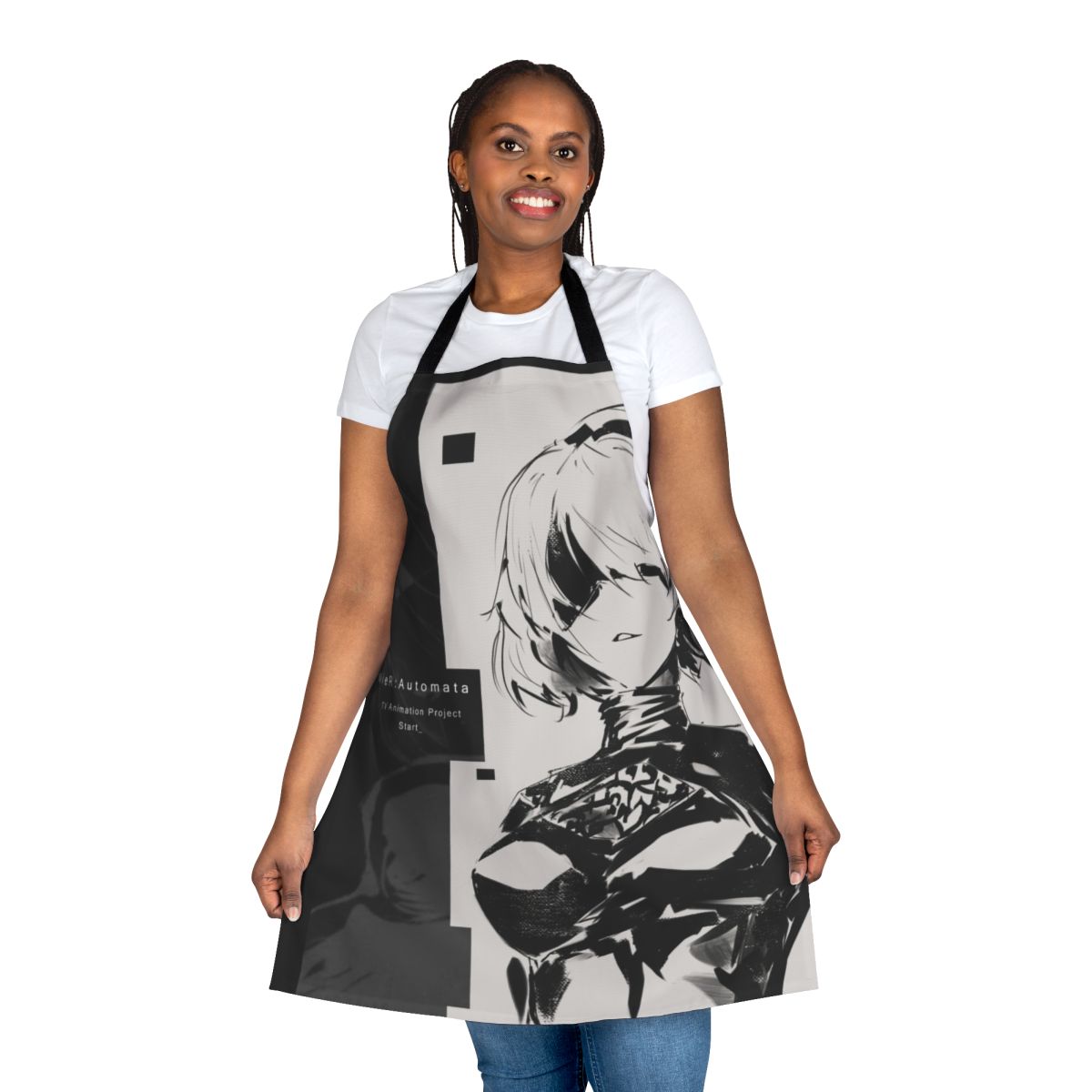 Nier Automata themed apron with character designs