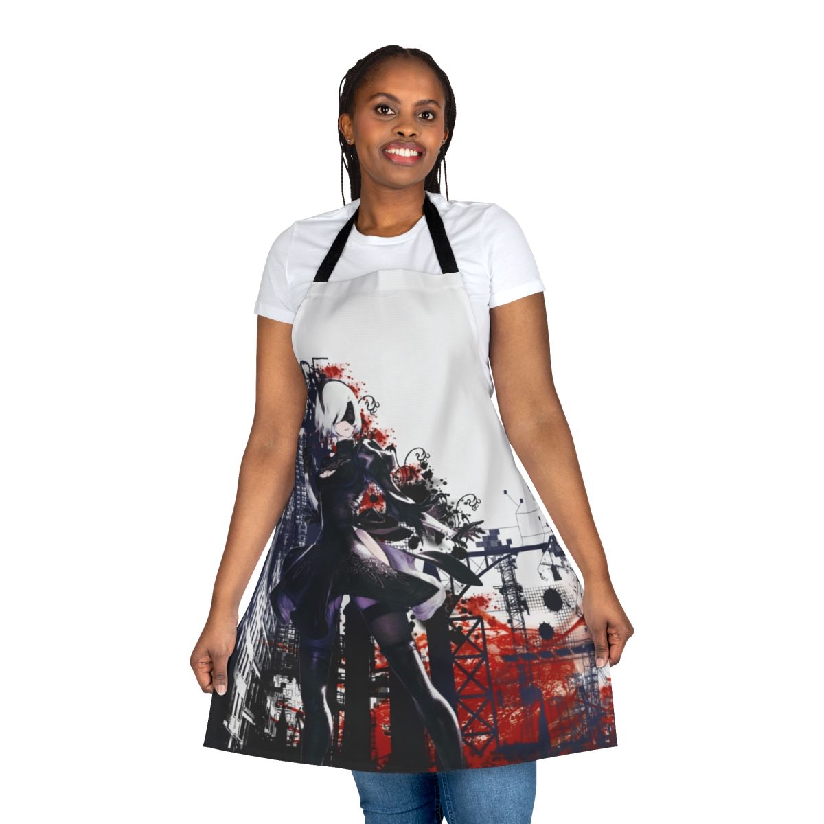 Nier Automata-themed apron with sleek black and white design
