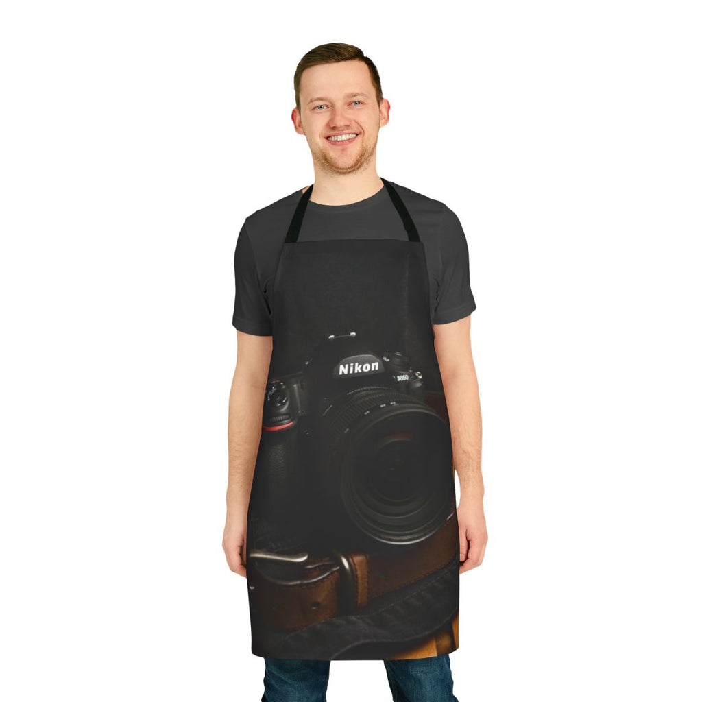 Photograph of a Nikon D850 camera-themed apron, perfect for photographers and camera lovers