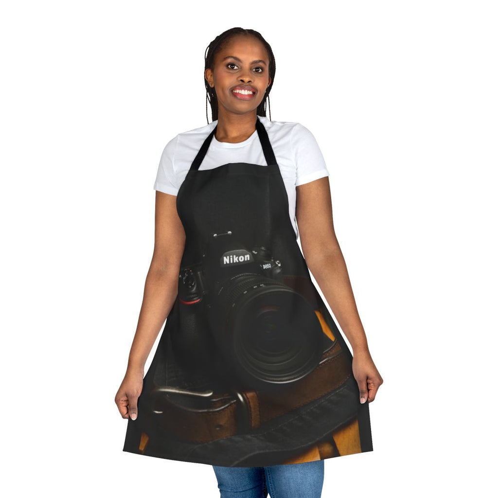 Photograph of a Nikon D850 camera-themed apron, perfect for photographers and camera lovers