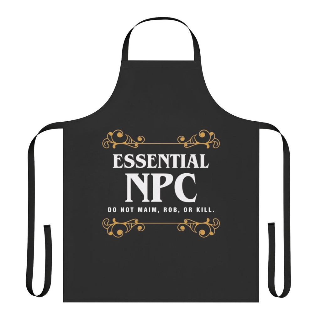 A high-quality gaming apron featuring a non-playable character design for tabletop role-playing games.