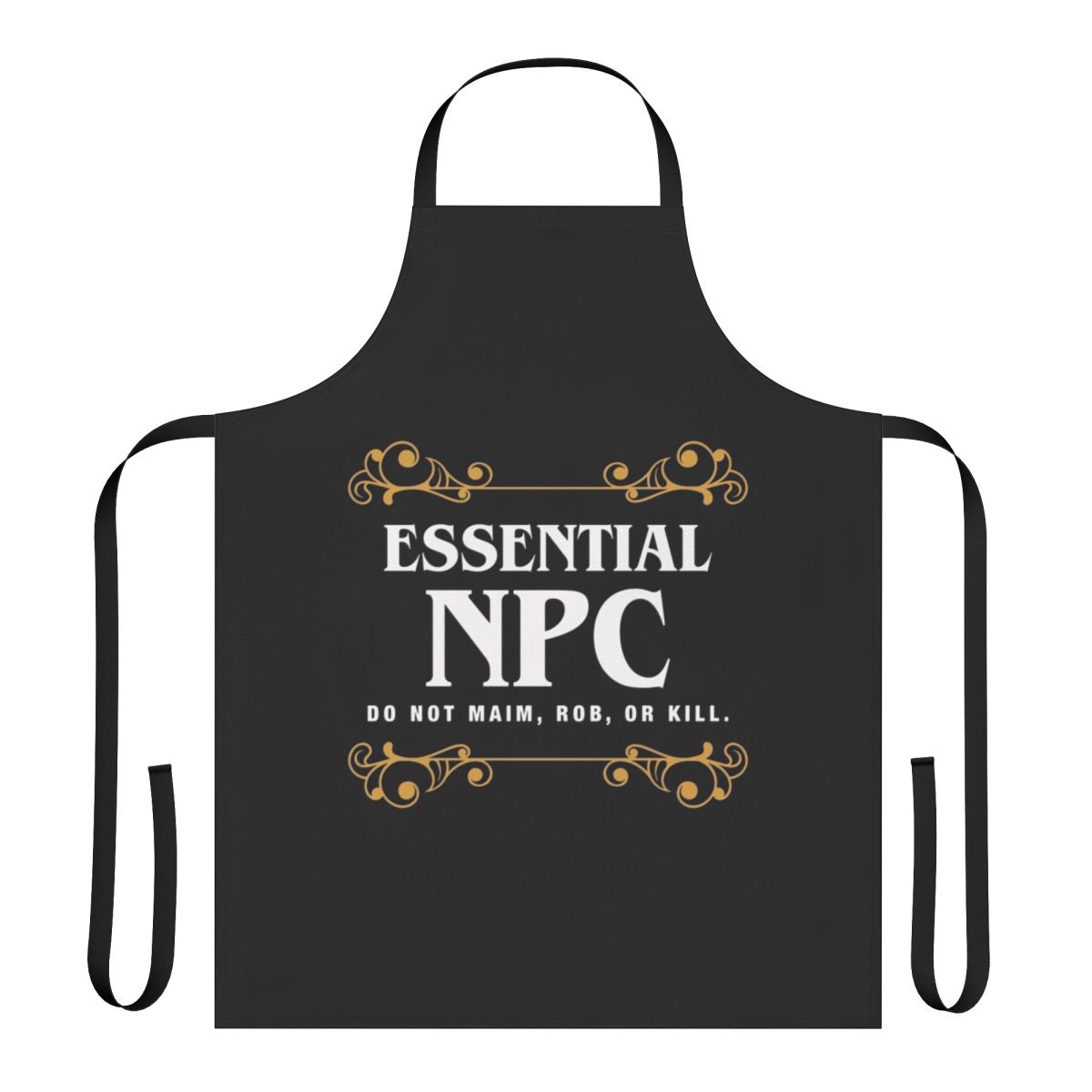 A high-quality gaming apron featuring a non-playable character design for tabletop role-playing games.