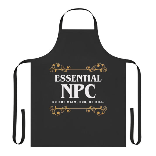 A high-quality gaming apron featuring a non-playable character design for tabletop role-playing games.