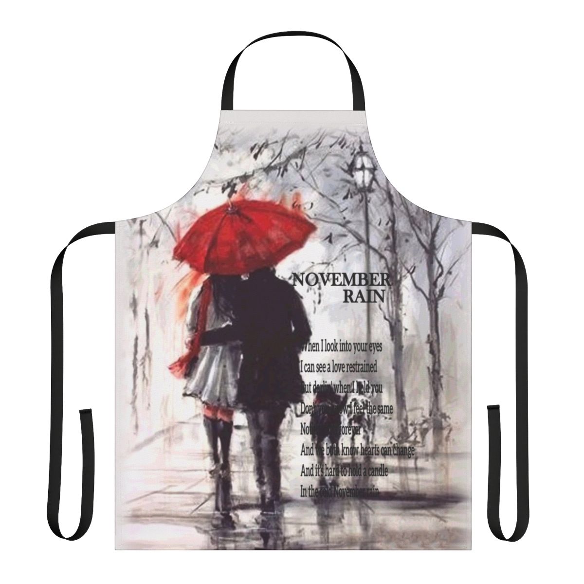 A high-quality apron featuring a November rain design, perfect for keeping you dry and stylish on rainy days.