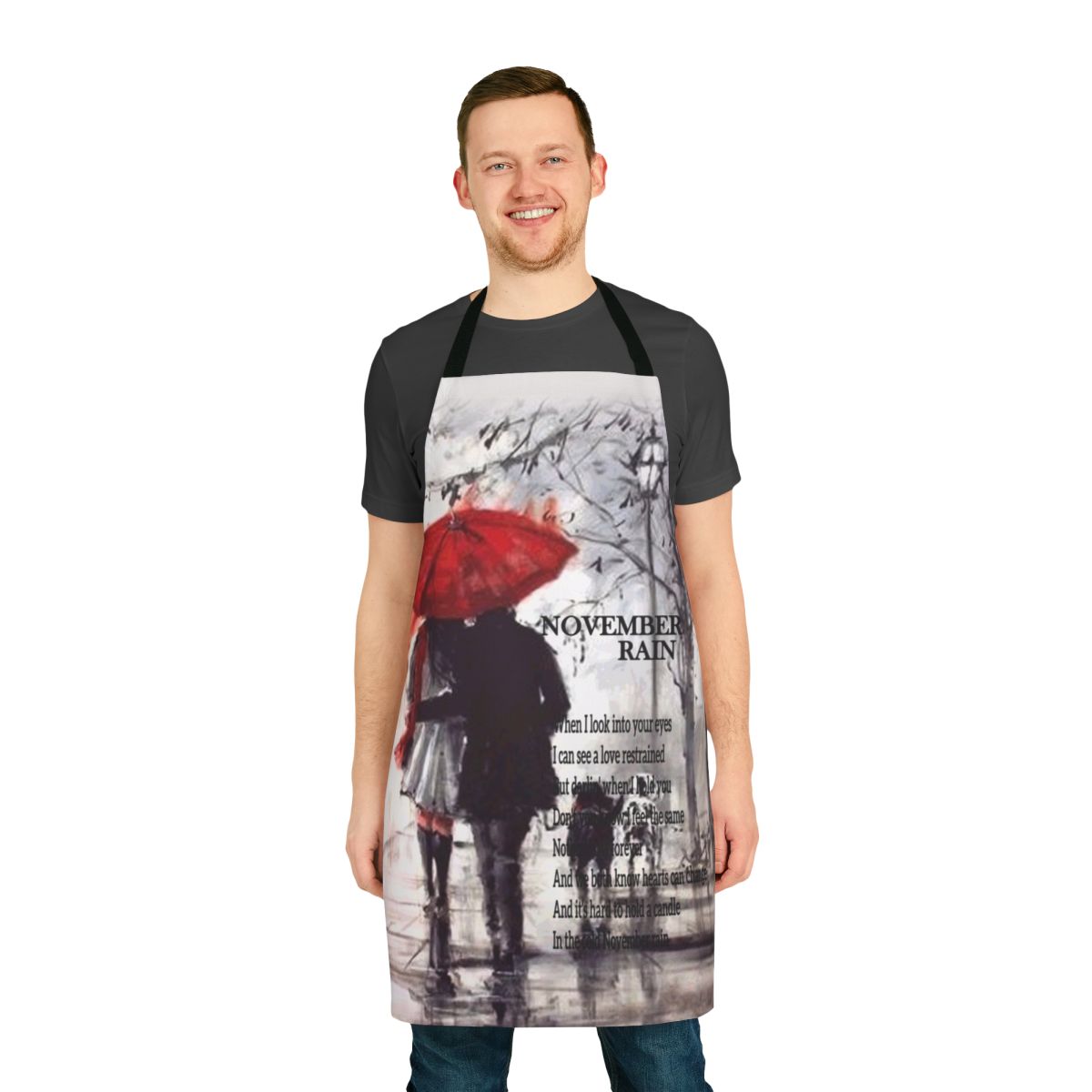 A high-quality apron featuring a November rain design, perfect for keeping you dry and stylish on rainy days.