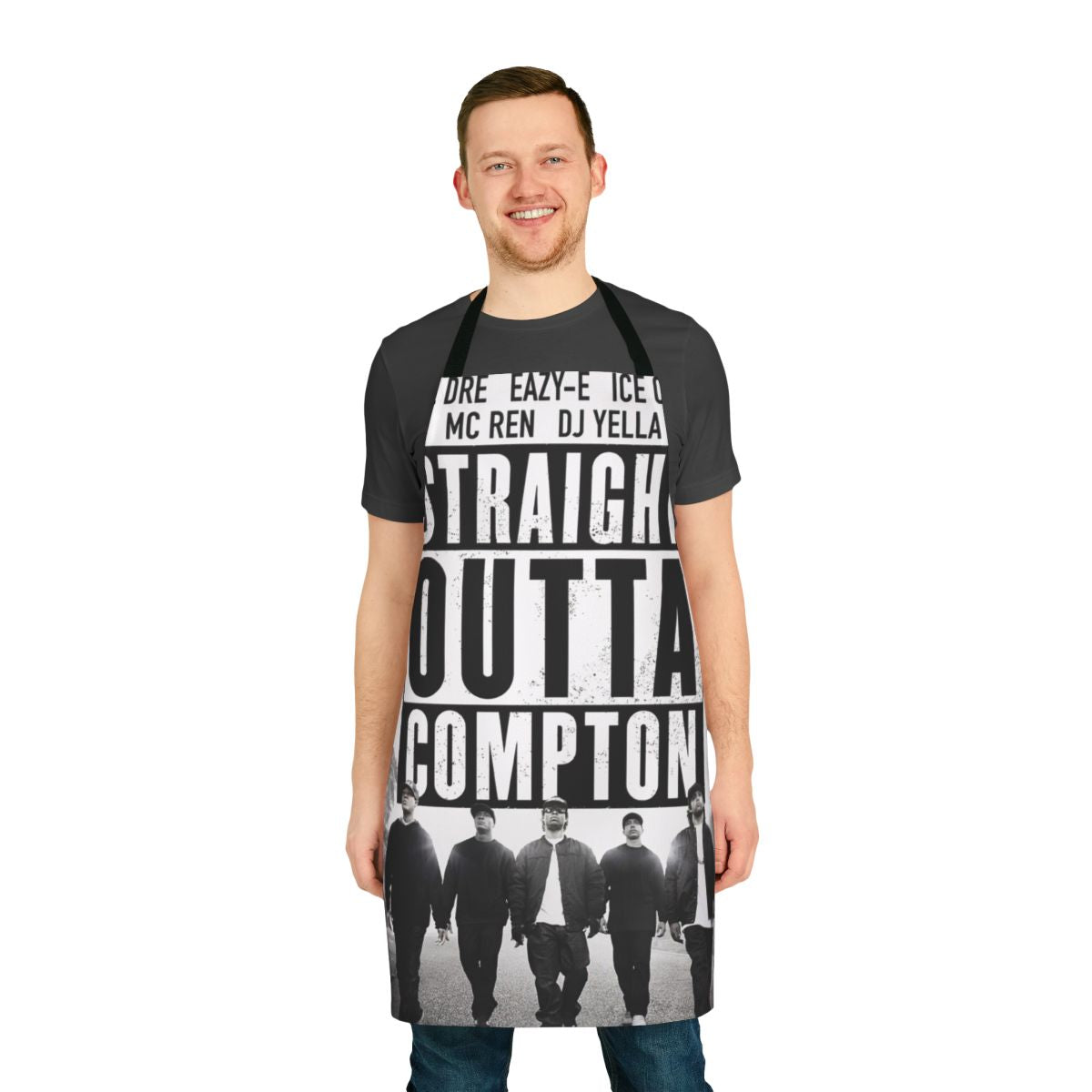 Sleek black apron featuring NWA-inspired rap design for hip hop fans