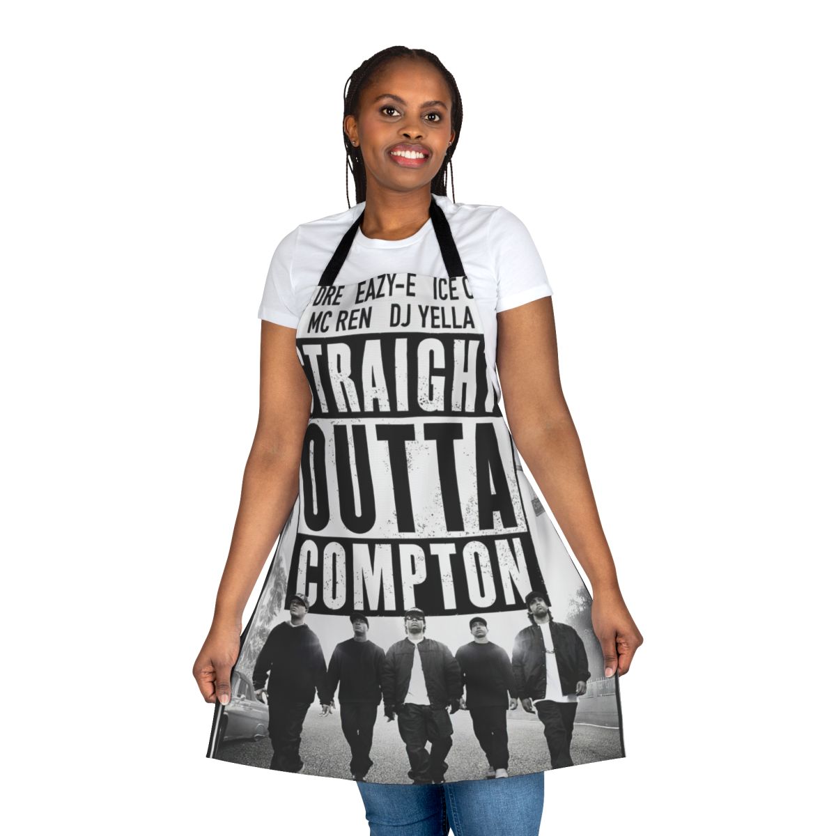 Sleek black apron featuring NWA-inspired rap design for hip hop fans