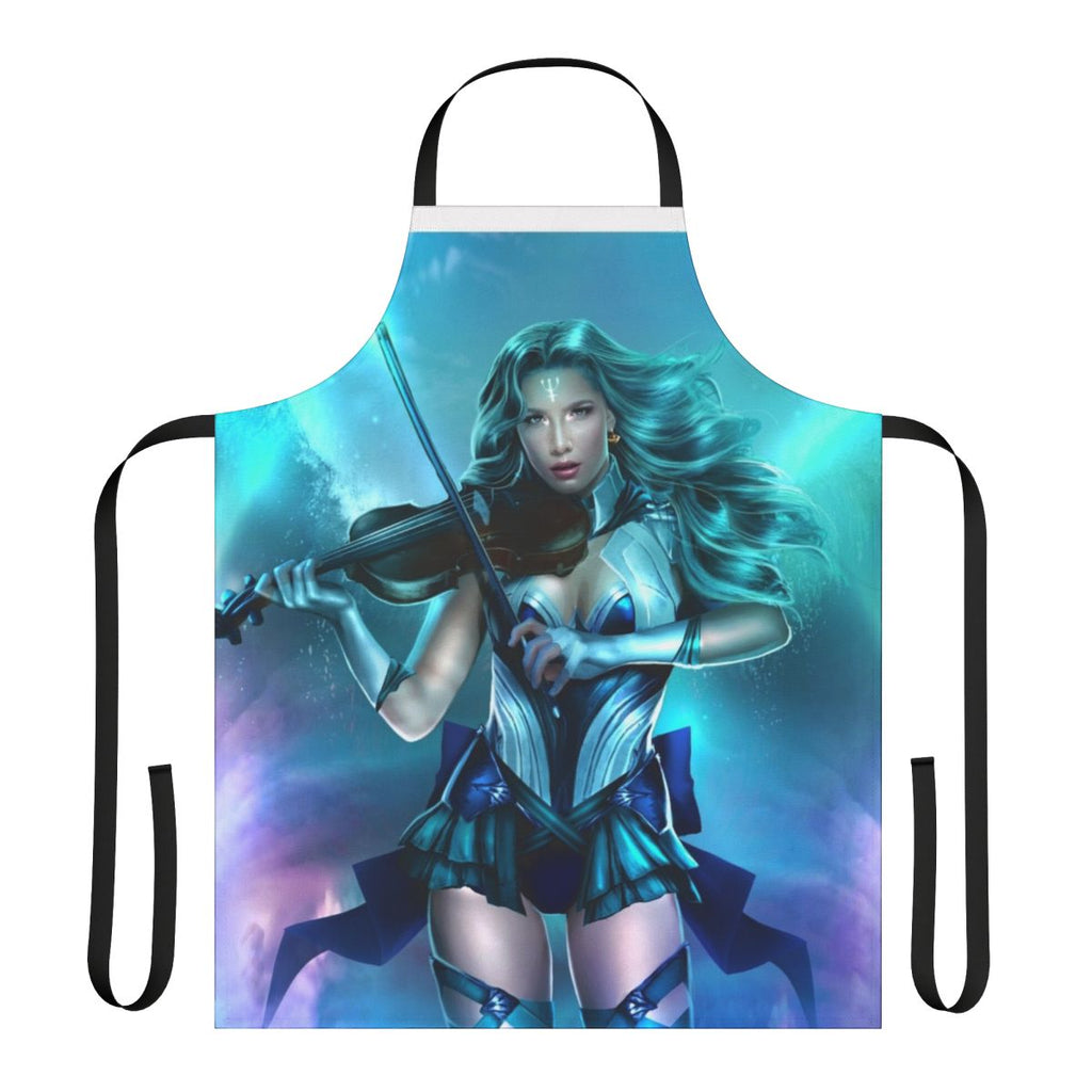 Model wearing a blue and white patterned apron with a wave design, inspired by the goddess Neptune and the sea.