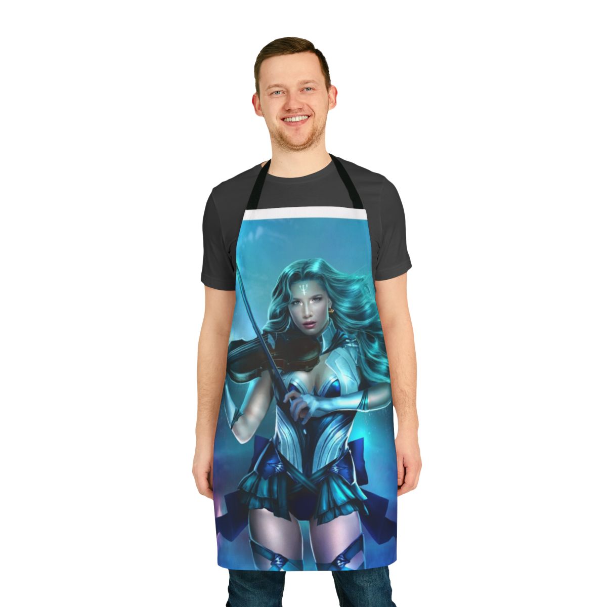 Model wearing a blue and white patterned apron with a wave design, inspired by the goddess Neptune and the sea.
