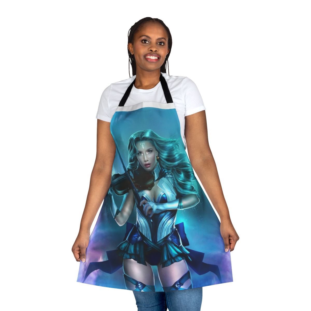 Model wearing a blue and white patterned apron with a wave design, inspired by the goddess Neptune and the sea.