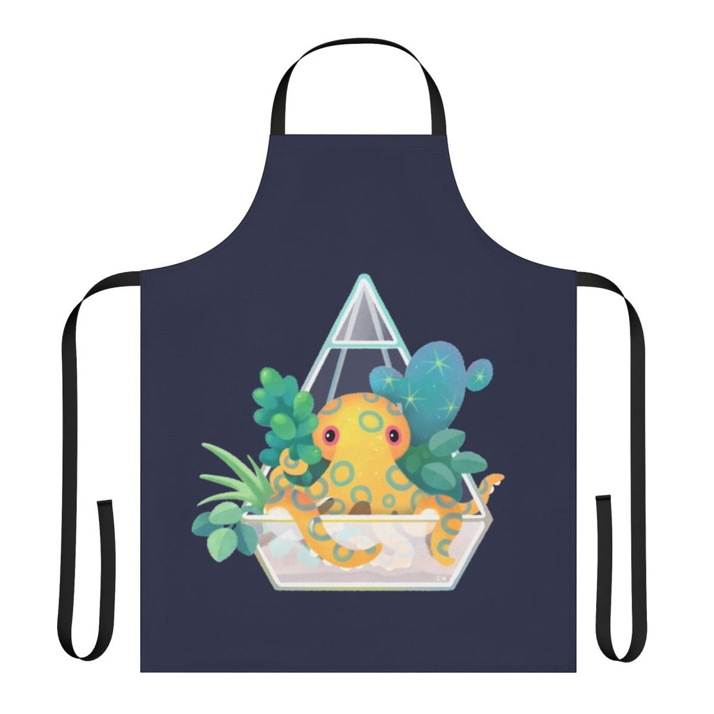 A blue ringed octopus swimming among plants and coral in an underwater terrarium design on a high-quality apron
