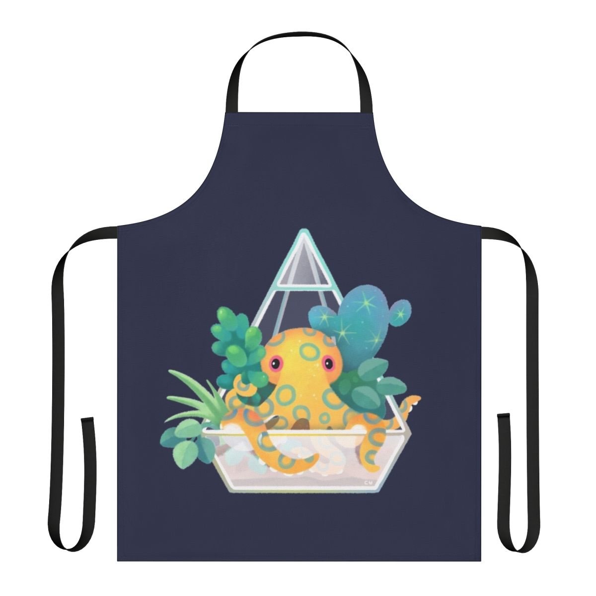 A blue ringed octopus swimming among plants and coral in an underwater terrarium design on a high-quality apron