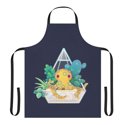 A blue ringed octopus swimming among plants and coral in an underwater terrarium design on a high-quality apron