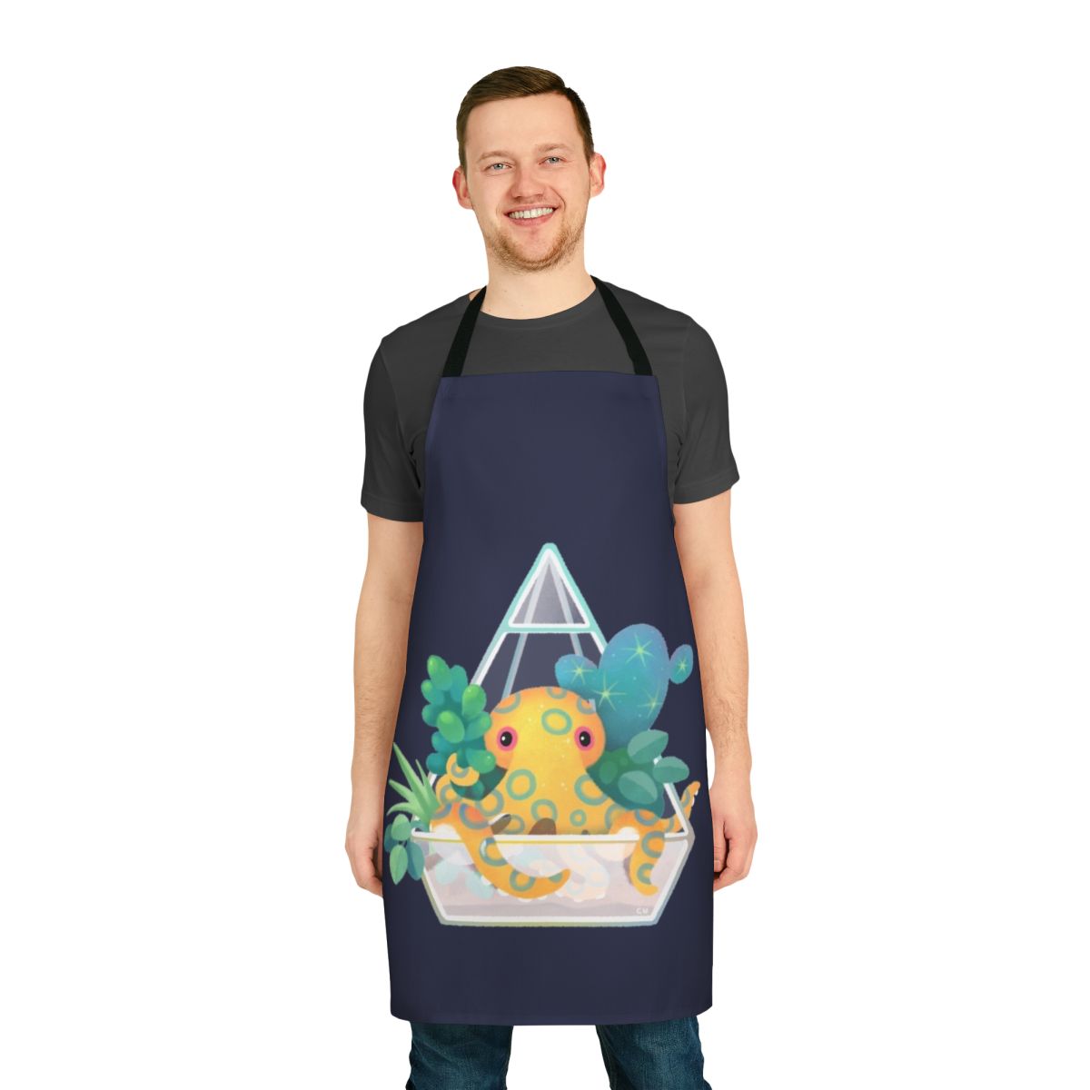 A blue ringed octopus swimming among plants and coral in an underwater terrarium design on a high-quality apron