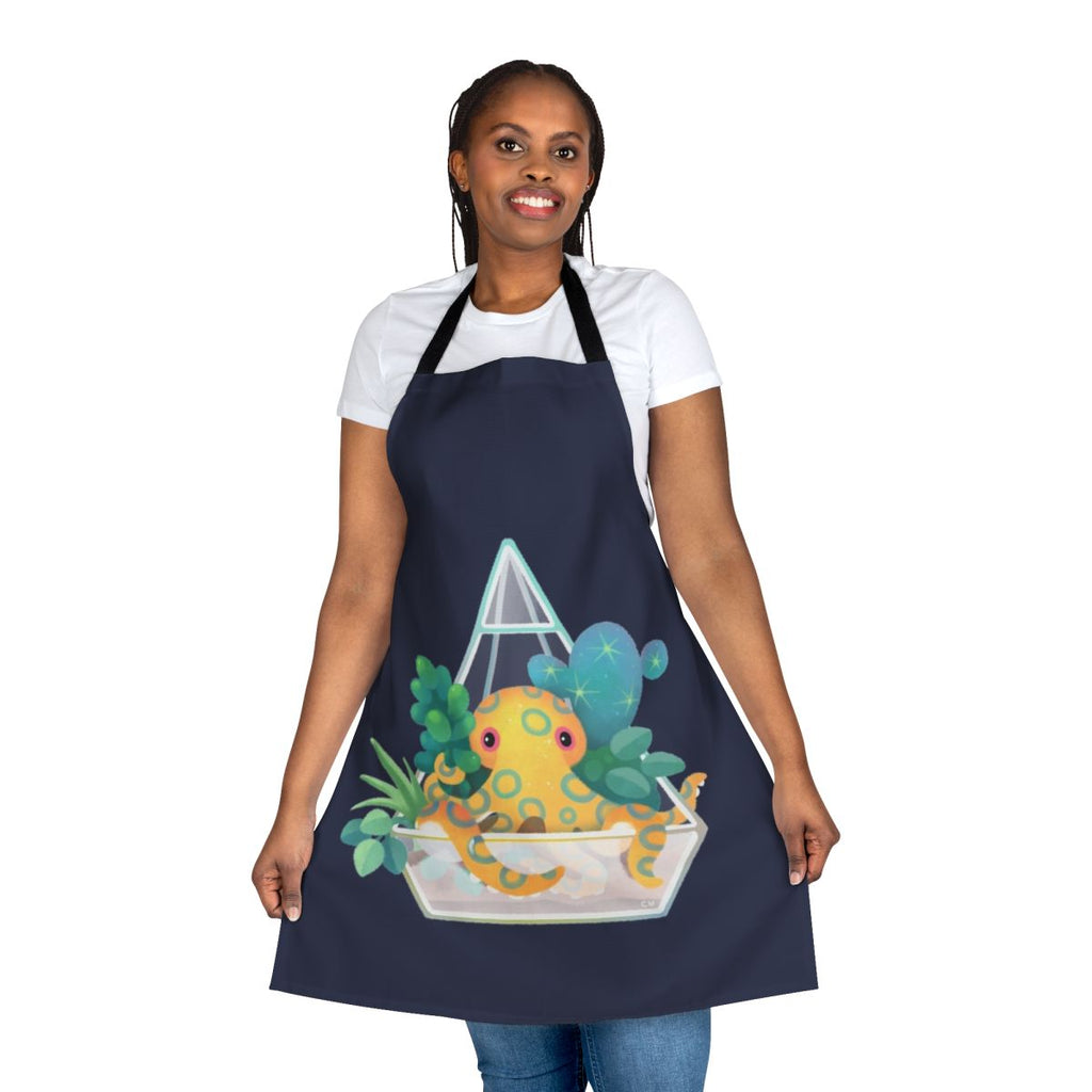 A blue ringed octopus swimming among plants and coral in an underwater terrarium design on a high-quality apron