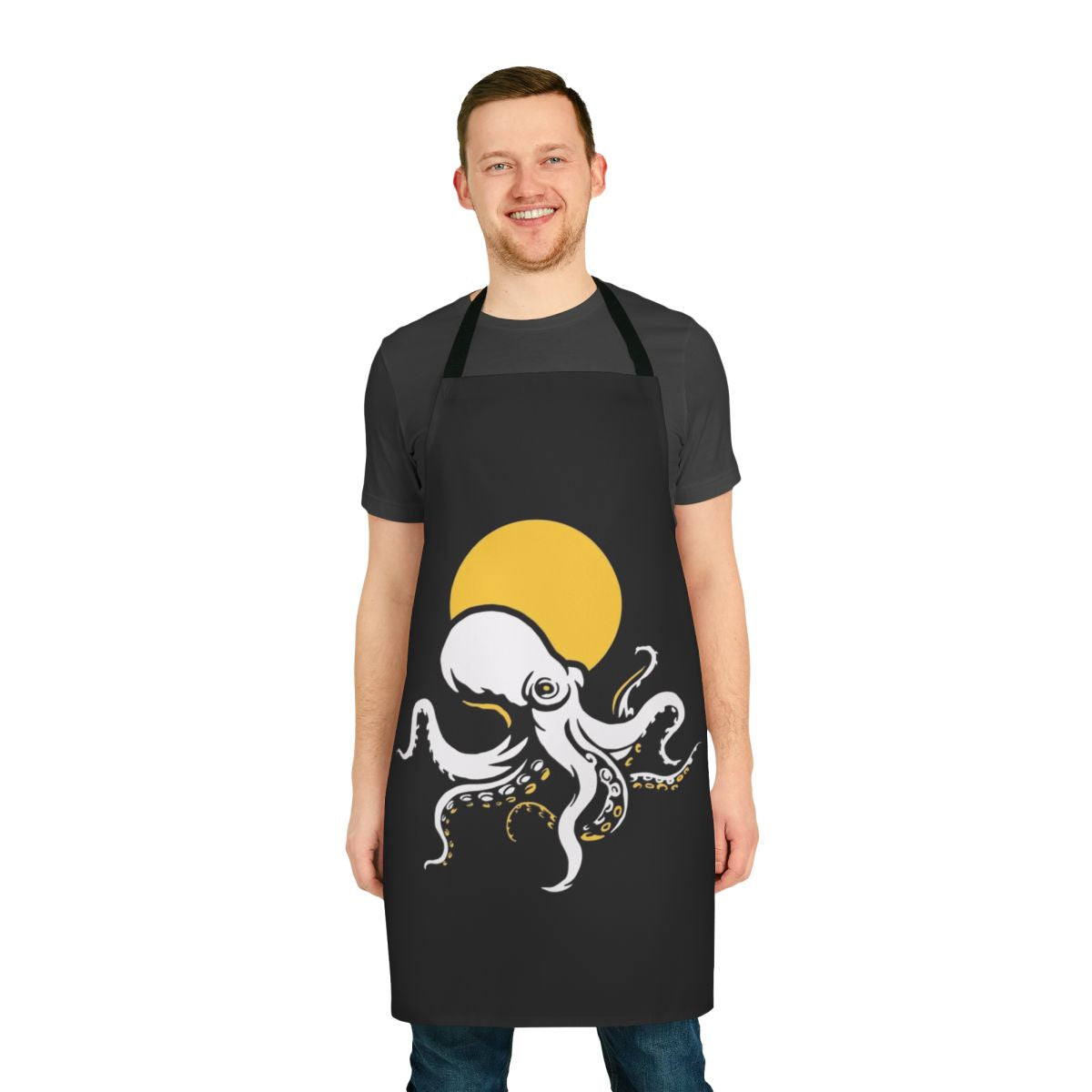 Stylish apron featuring a vibrant octopus graphic design