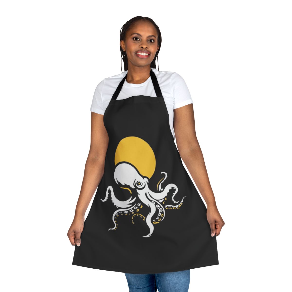 Stylish apron featuring a vibrant octopus graphic design