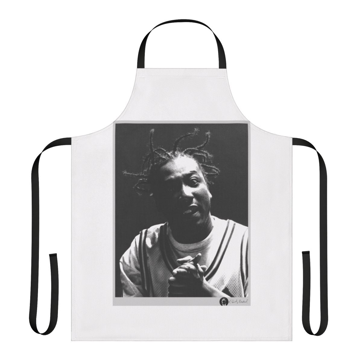 Odb portrait apron featuring a bold black and white image of the legendary rapper Old Dirty Bastard