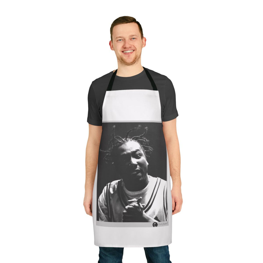 Odb portrait apron featuring a bold black and white image of the legendary rapper Old Dirty Bastard