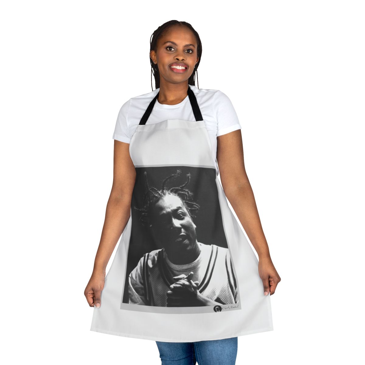 Odb portrait apron featuring a bold black and white image of the legendary rapper Old Dirty Bastard