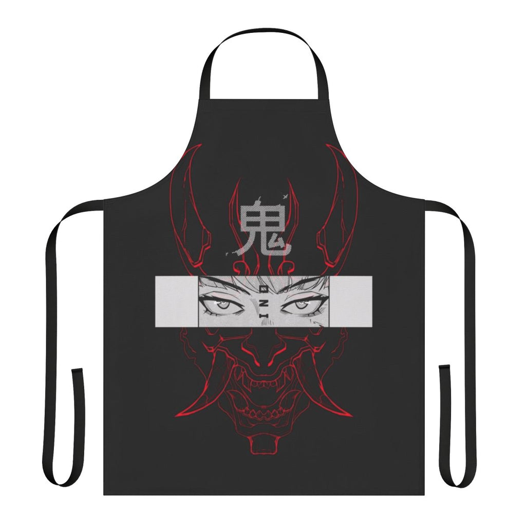 Oni-inspired red apron with halftone, minimalist design in cyberpunk-influenced style