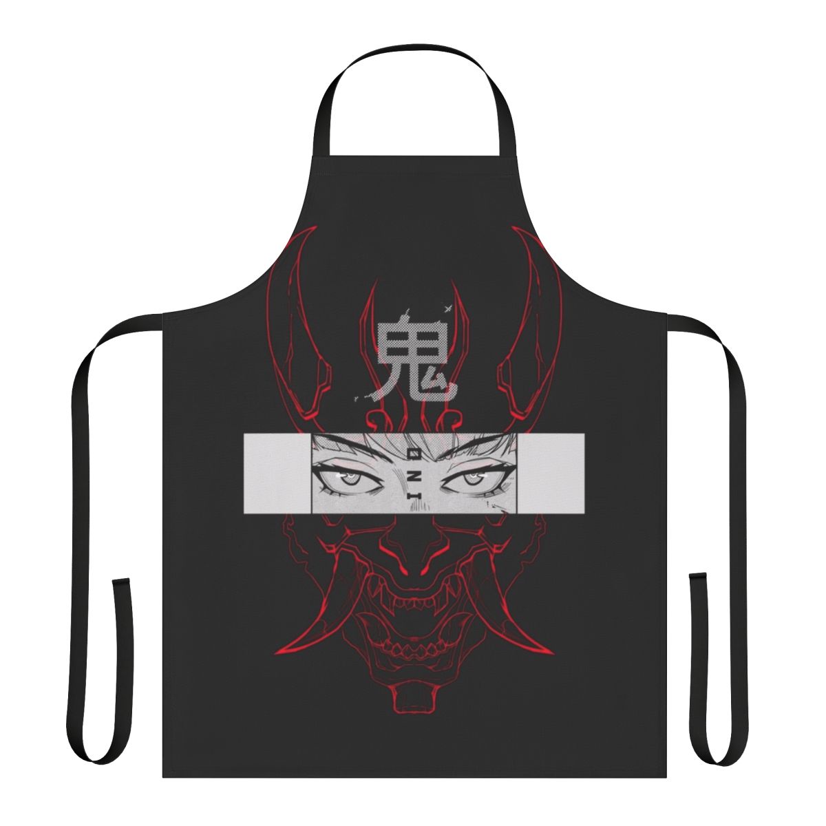 Oni-inspired red apron with halftone, minimalist design in cyberpunk-influenced style
