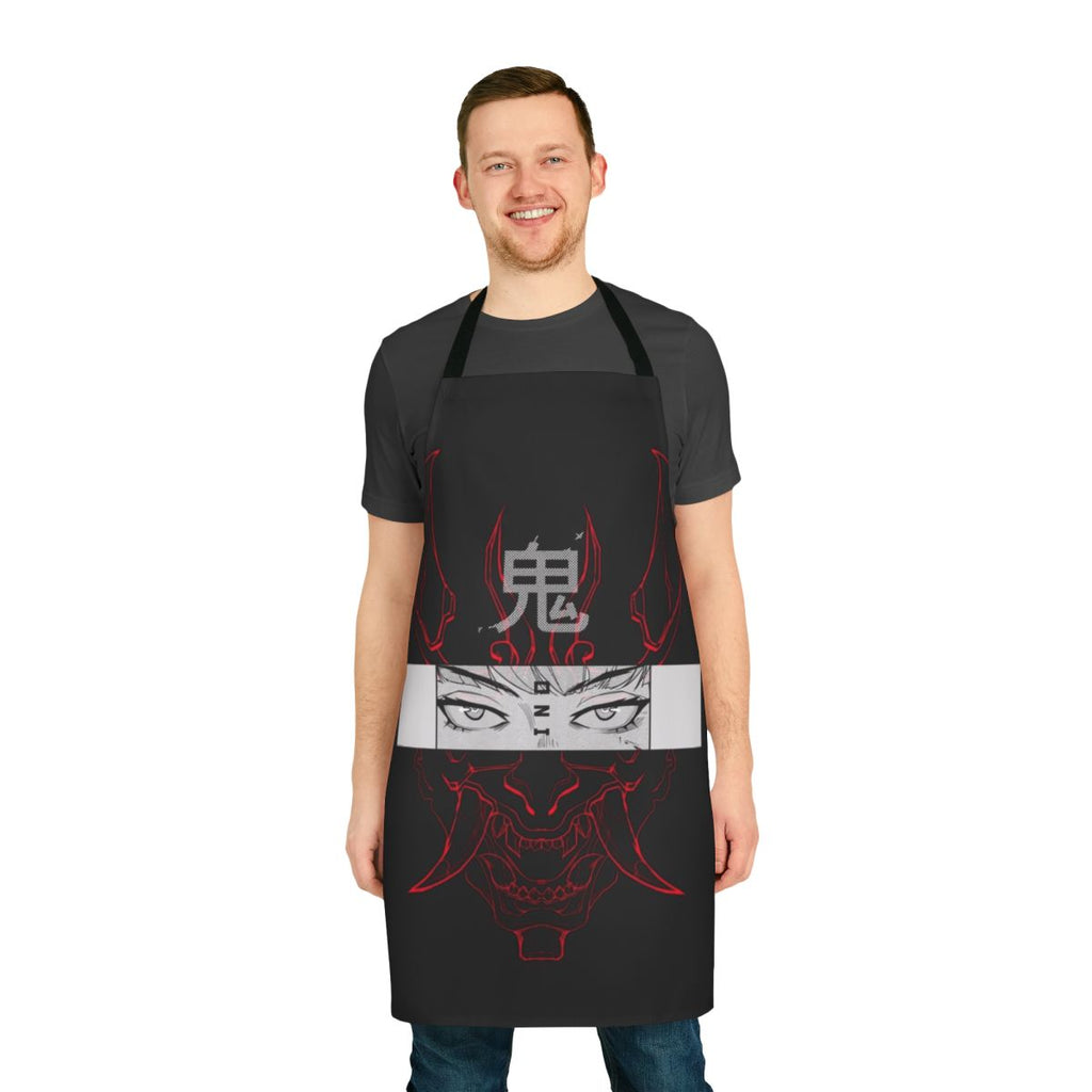 Oni-inspired red apron with halftone, minimalist design in cyberpunk-influenced style