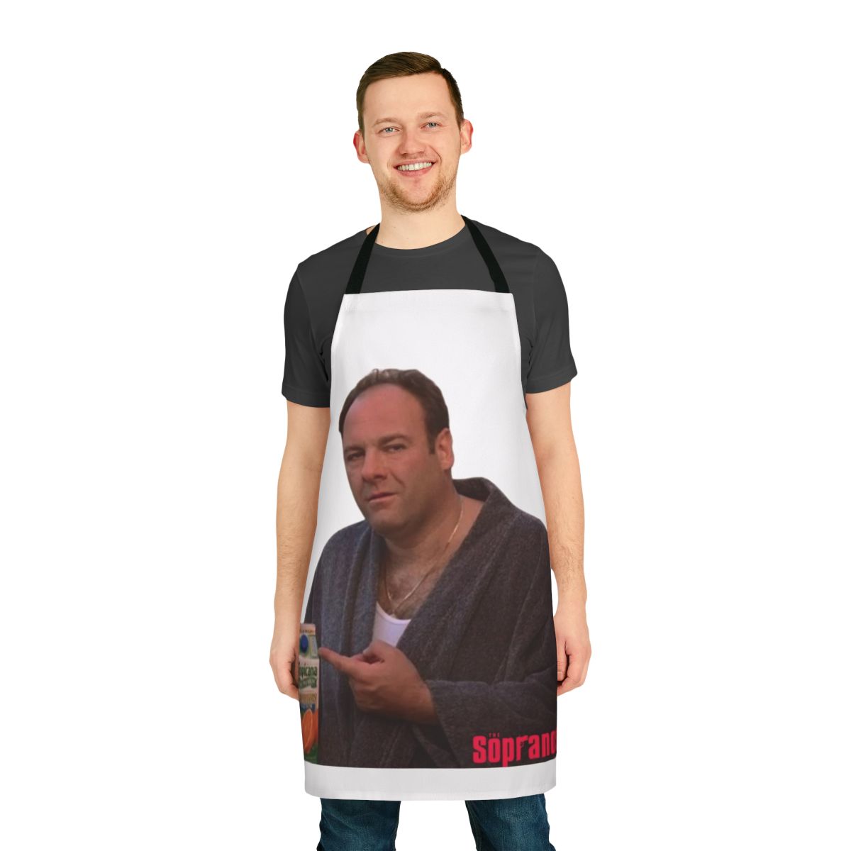 Orange juice apron with mob boss design, inspired by The Sopranos TV show
