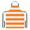 Orange and white striped apron with a horizontal pattern, ideal for cooking and food preparation.