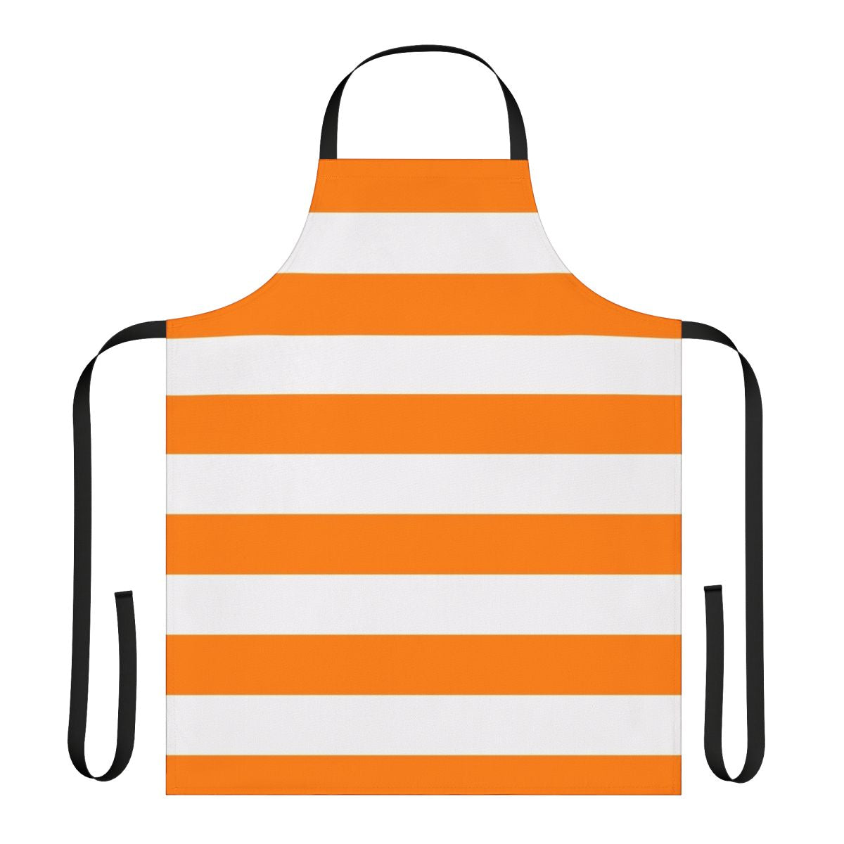 Orange and white striped apron with a horizontal pattern, ideal for cooking and food preparation.