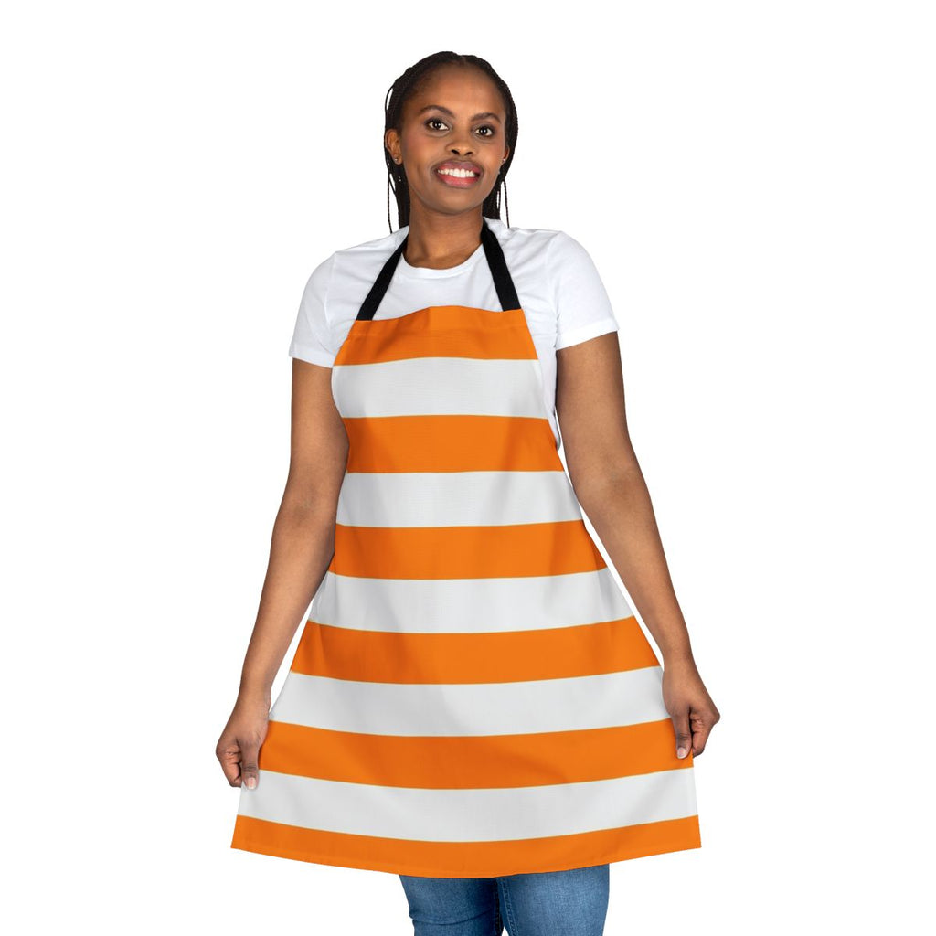 Orange and white striped apron with a horizontal pattern, ideal for cooking and food preparation.