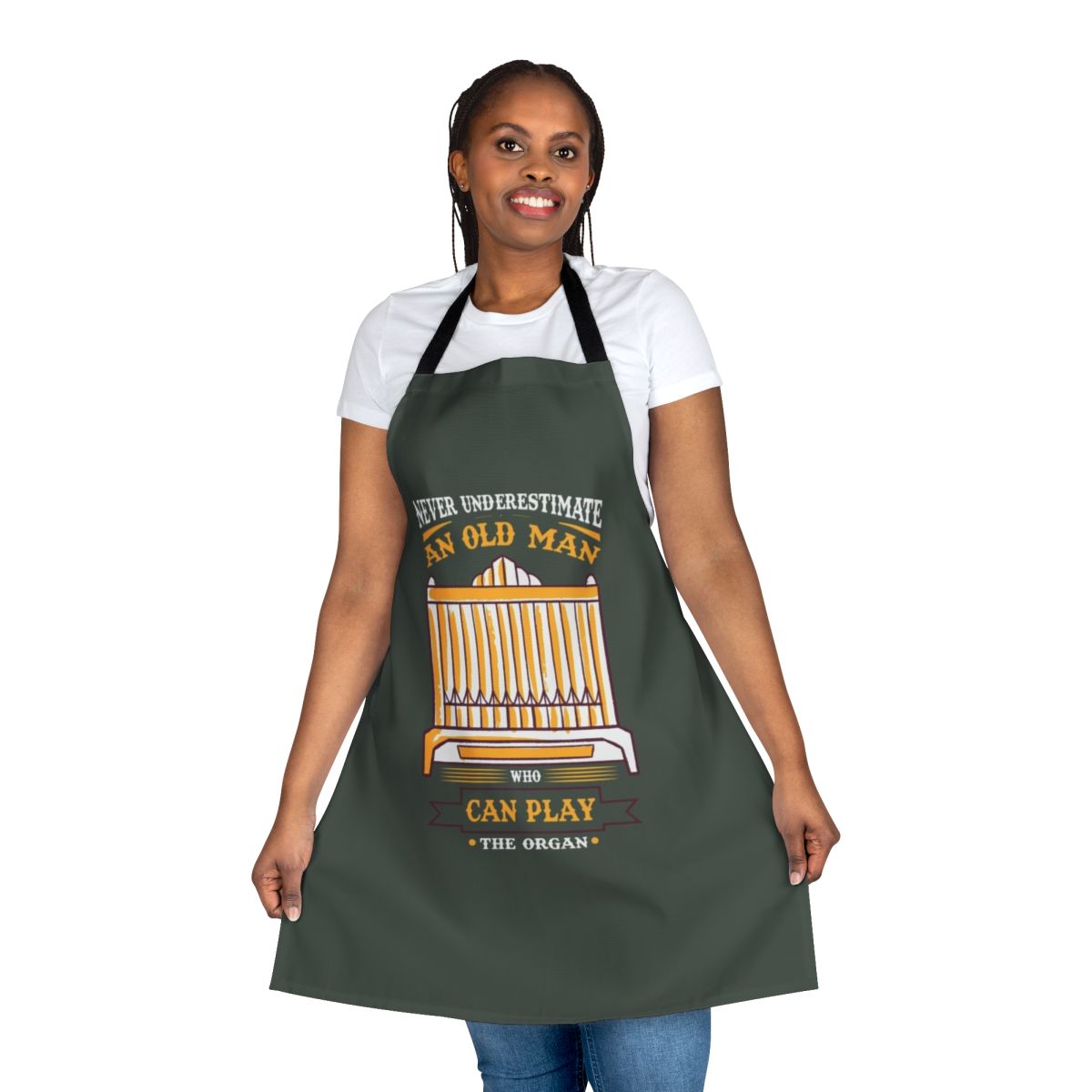 Organist-themed apron with a creative music quote design