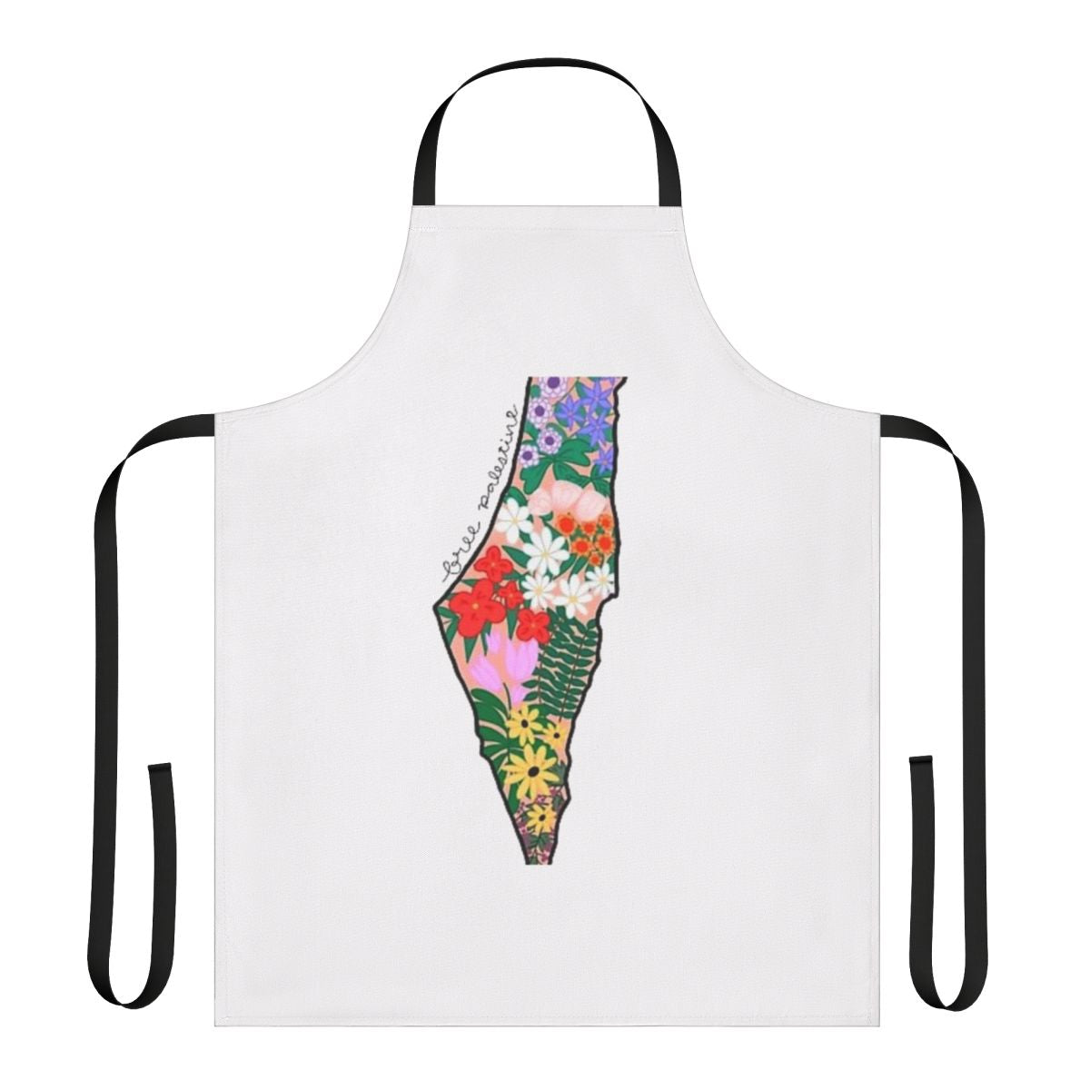 Vibrant Palestinian-themed apron featuring the Palestinian flag and symbolic watermelon design.