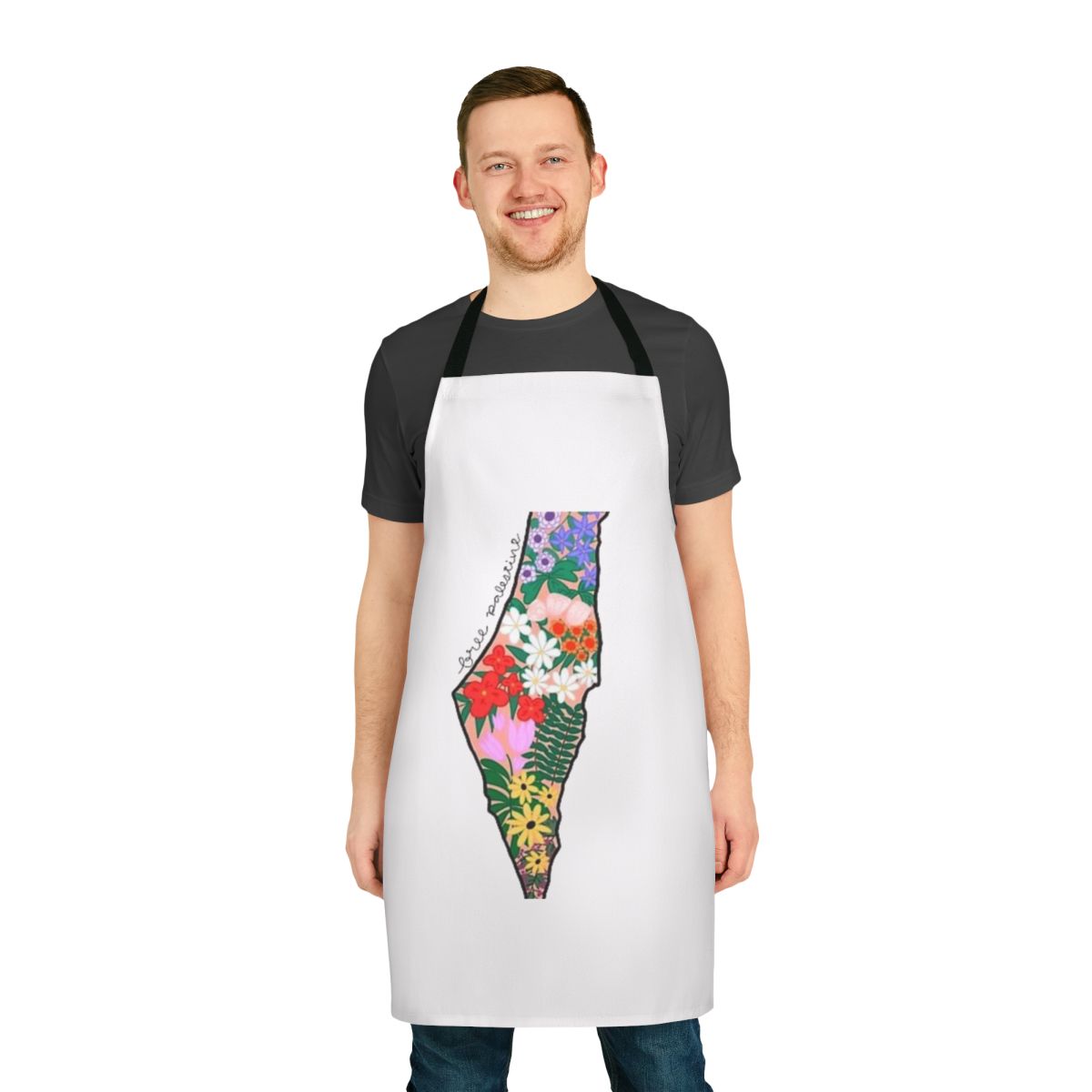 Vibrant Palestinian-themed apron featuring the Palestinian flag and symbolic watermelon design.