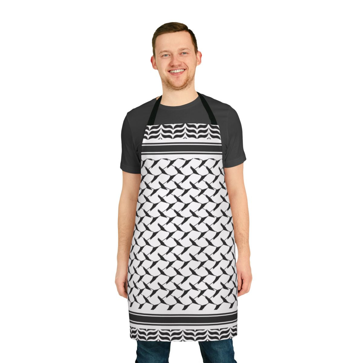 Apron featuring a Palestinian keffiyeh-style pattern and a map of Palestine