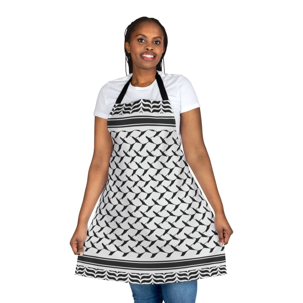 Apron featuring a Palestinian keffiyeh-style pattern and a map of Palestine