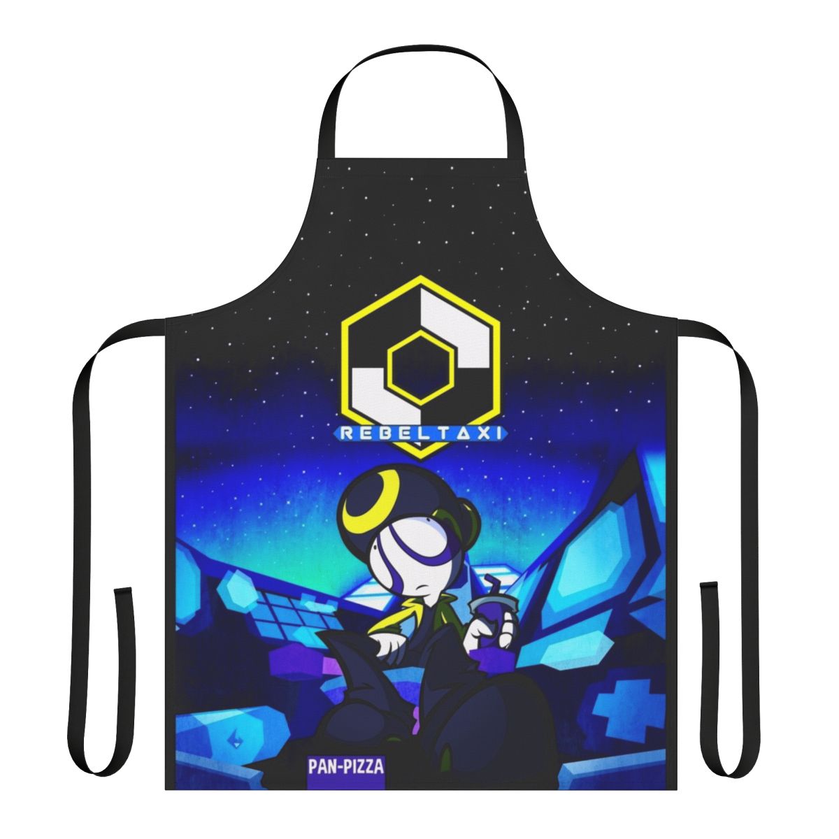 Stylish pan pizza themed apron with neon galaxy design