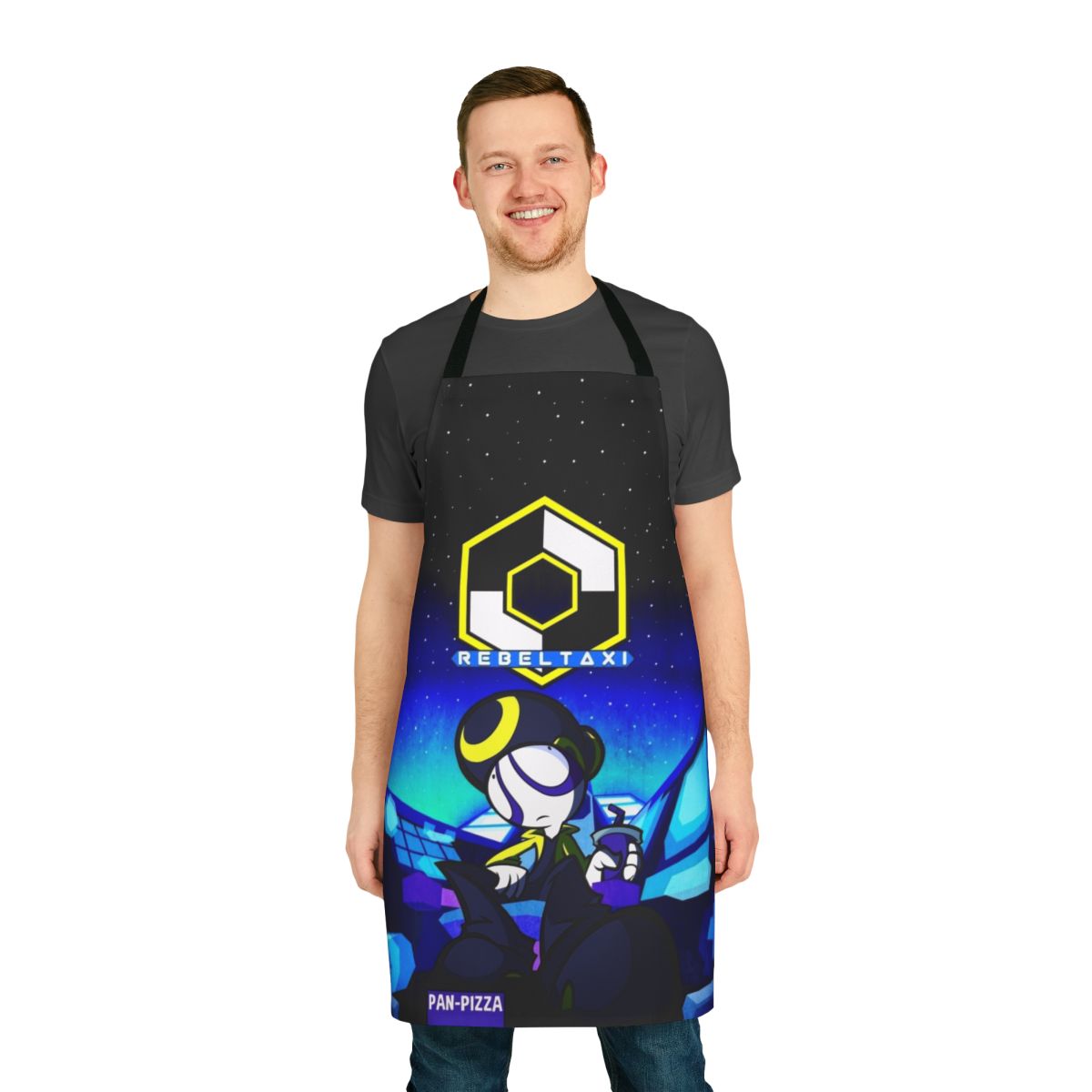 Stylish pan pizza themed apron with neon galaxy design