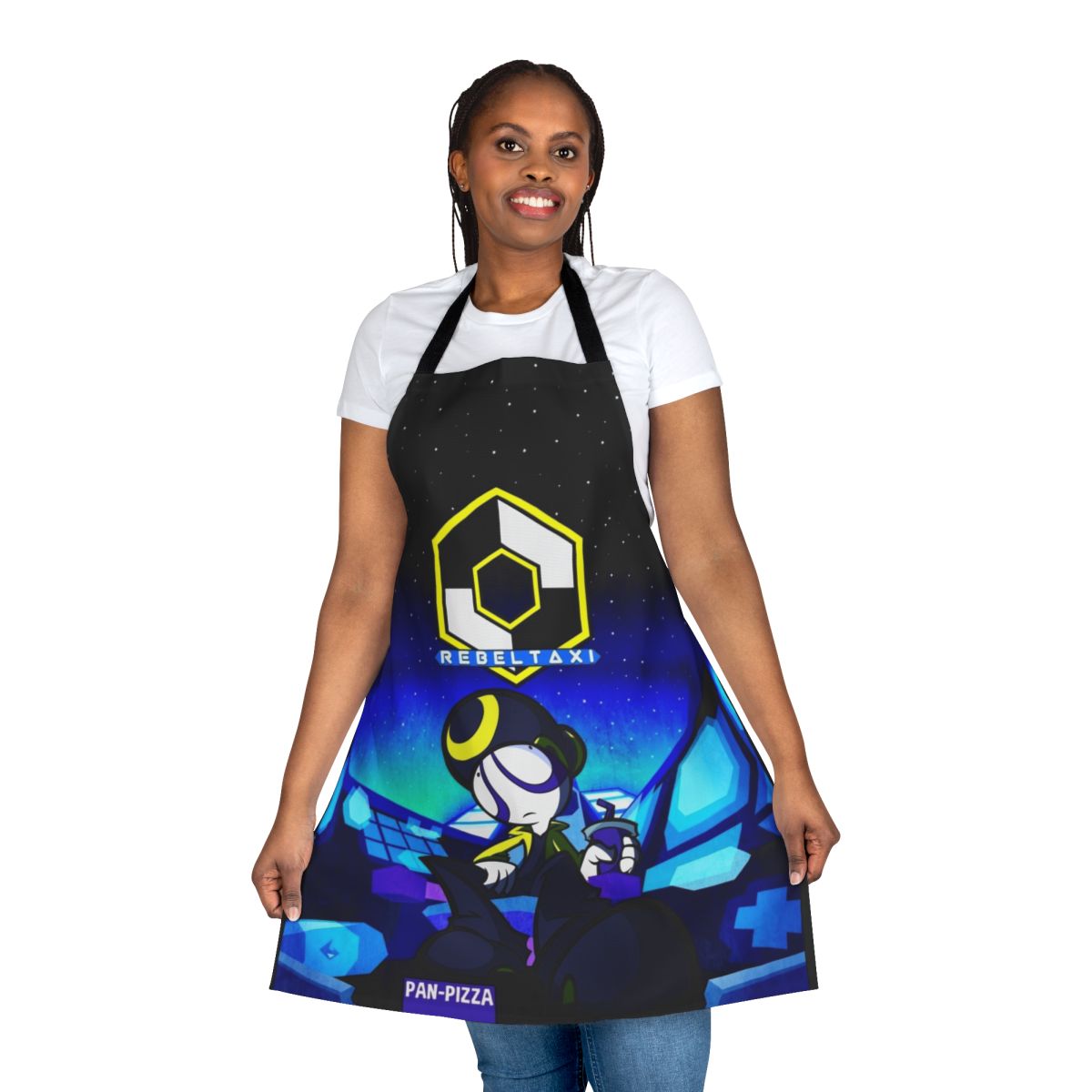 Stylish pan pizza themed apron with neon galaxy design