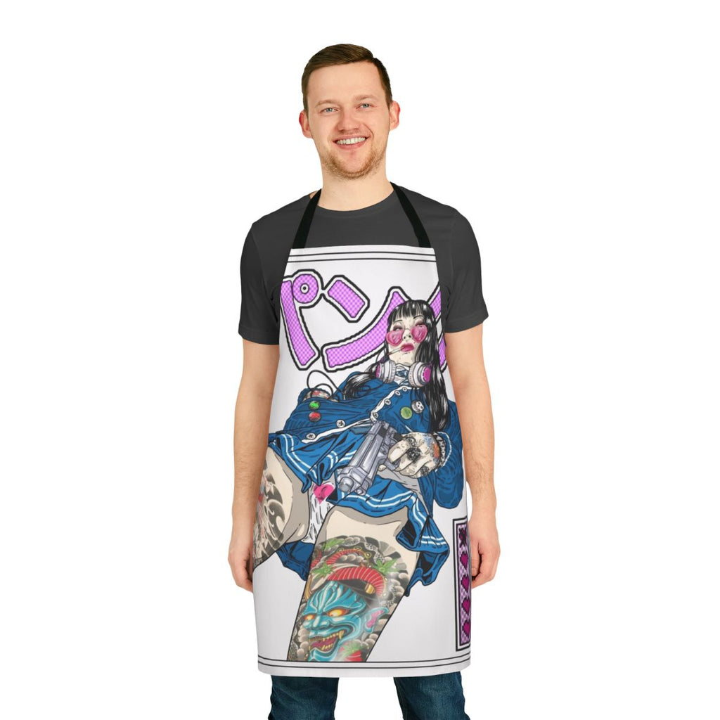 Panku-inspired apron with punk, anime, and video game-themed design