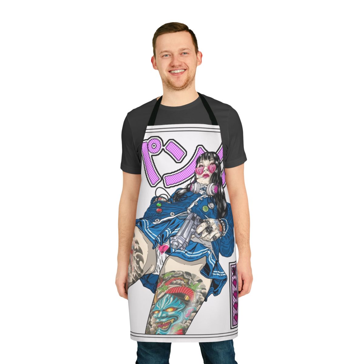 Panku-inspired apron with punk, anime, and video game-themed design