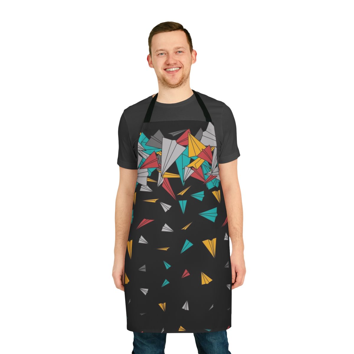 Colorful, abstract paper airplane apron with modern, geometric patterns