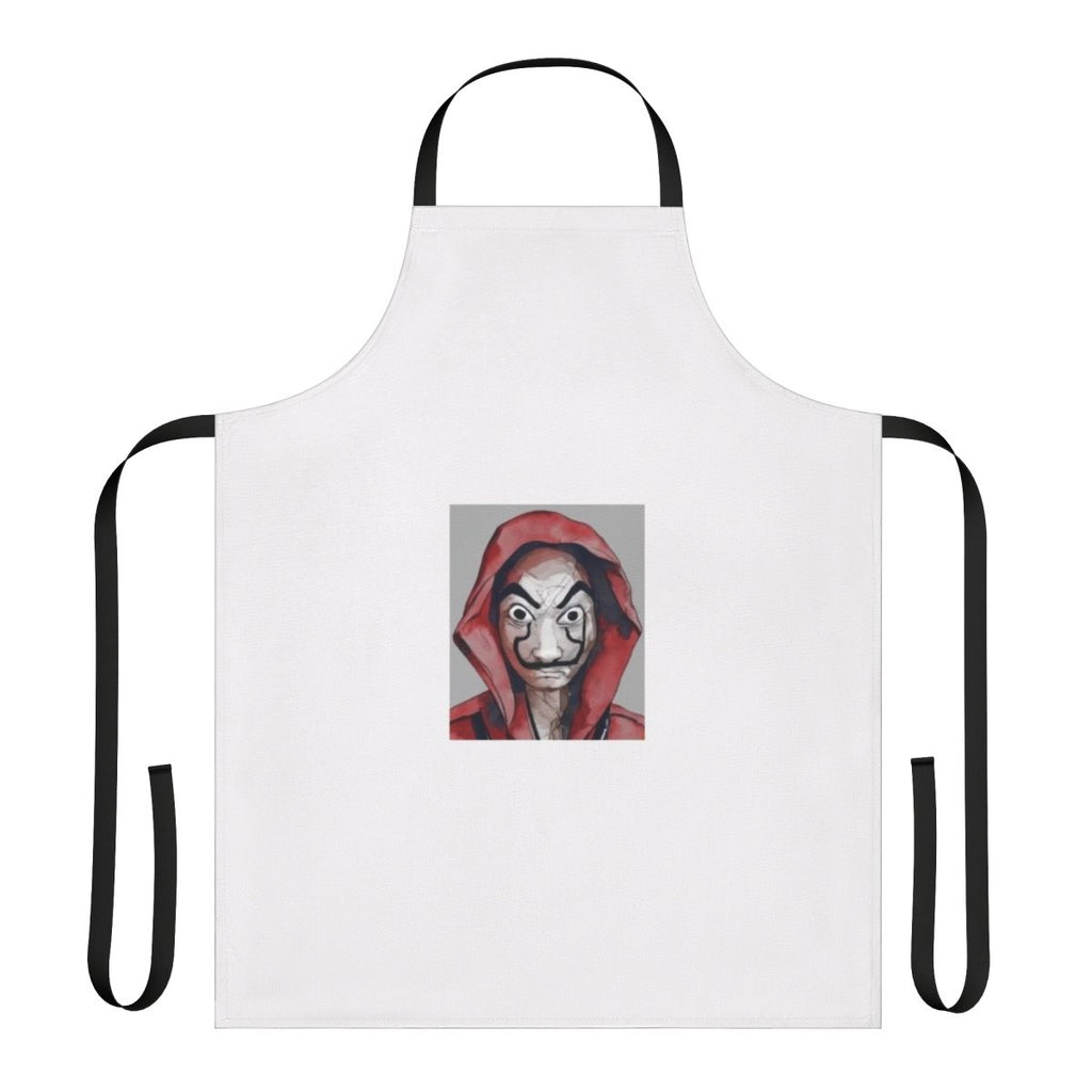 A stylish apron featuring designs inspired by the popular TV series "Money Heist" (La Casa de Papel)