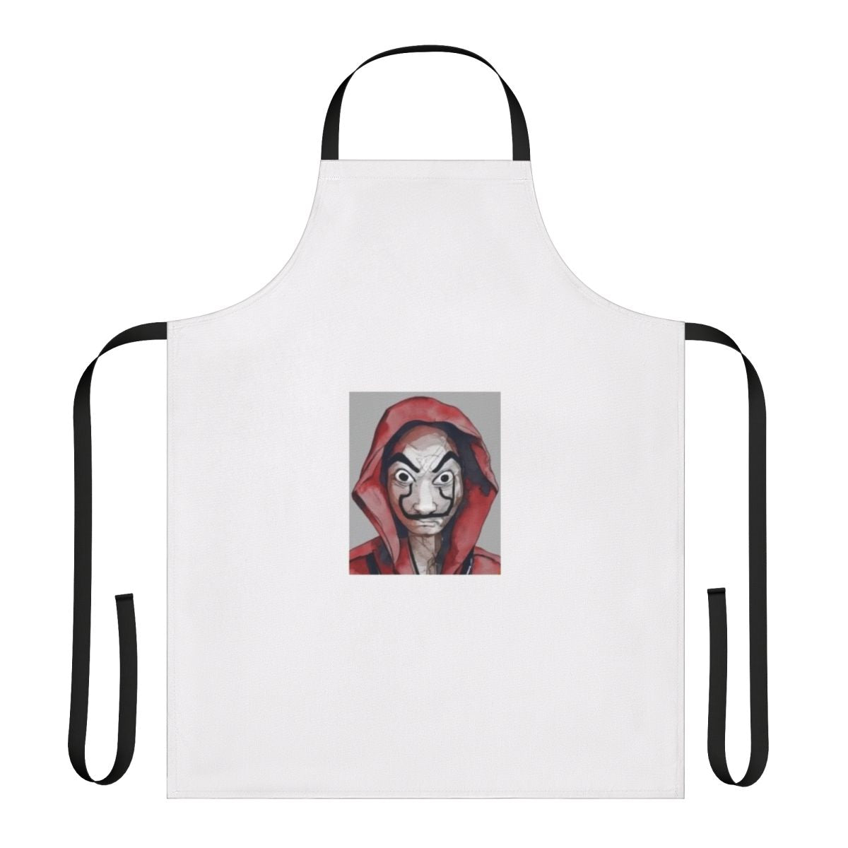 A stylish apron featuring designs inspired by the popular TV series "Money Heist" (La Casa de Papel)