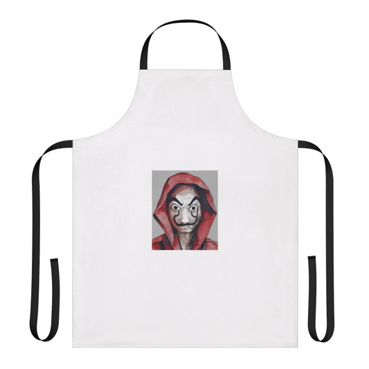 A stylish apron featuring designs inspired by the popular TV series "Money Heist" (La Casa de Papel)