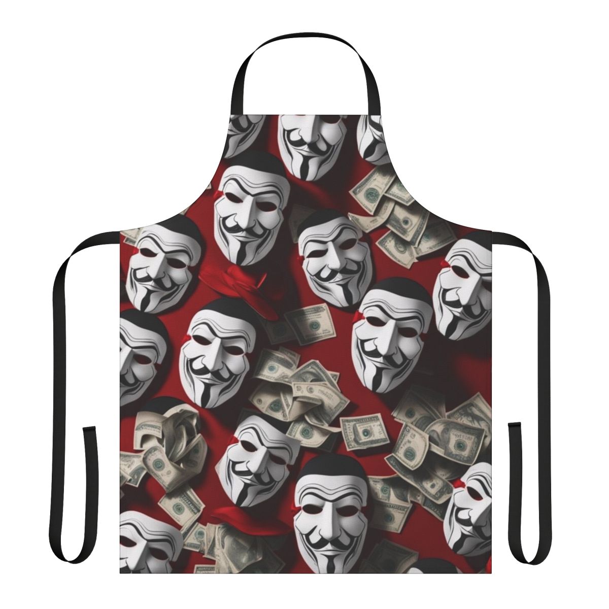 Patterned apron featuring iconic imagery and colors from the popular Netflix series Money Heist (La Casa de Papel)