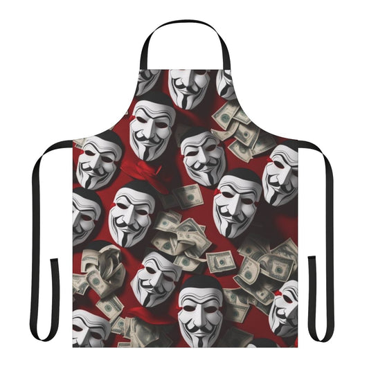 Patterned apron featuring iconic imagery and colors from the popular Netflix series Money Heist (La Casa de Papel)