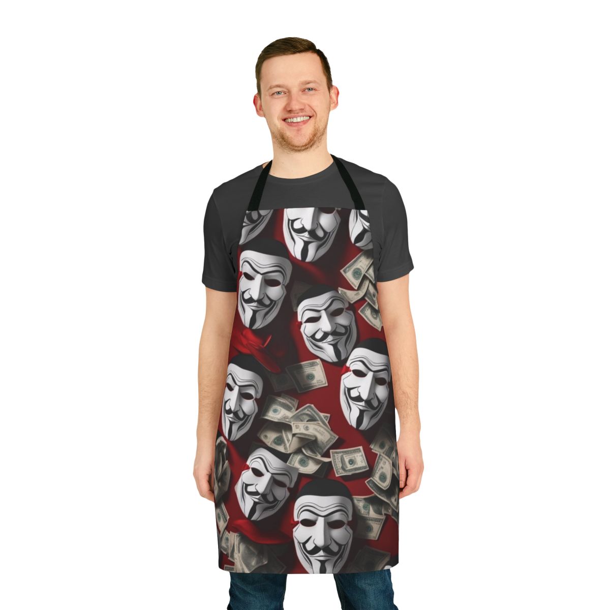 Patterned apron featuring iconic imagery and colors from the popular Netflix series Money Heist (La Casa de Papel)