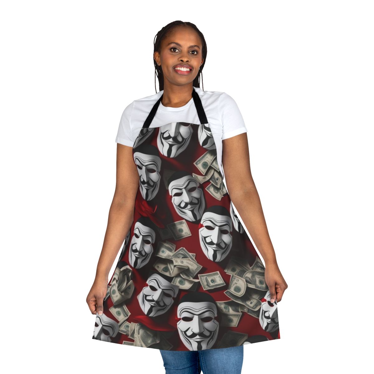 Patterned apron featuring iconic imagery and colors from the popular Netflix series Money Heist (La Casa de Papel)